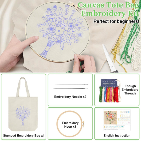 Canvas Tote Bag Broderikit med Blommönster, Konst och DIY Vuxna Korsstygnshantverkssatser, Vit