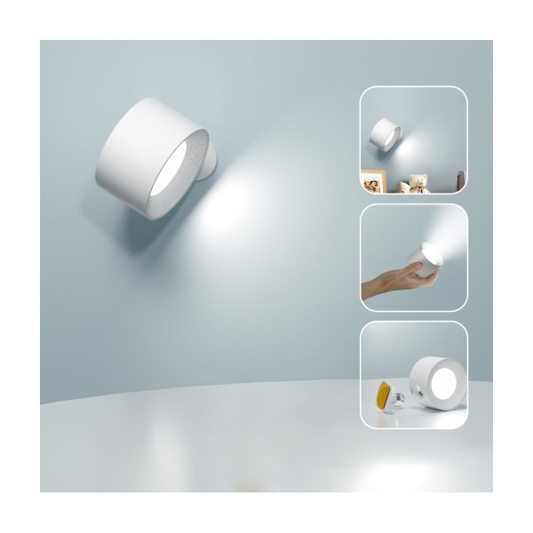 LED indendørs væglampe, væglampe med batteri, 1 stk., berøringskontrol, 3 lysstyrkeniveauer, 360° roterende, til stue, soveværelse, trappe (hvid)