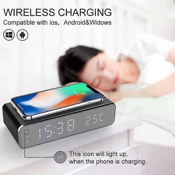 Trådlös Laddare Väckarklocka LED Digital Termometer Hörlursladdare Snabbladdningsdocka För IPhone Samsung
