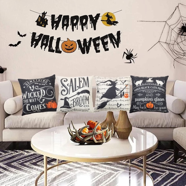 Halloween kuddfodral, 18x18 set med 4 kuddar case Holiday Säsongens örngott dekorationer för soffa (18x18 tum, Halloween svart)