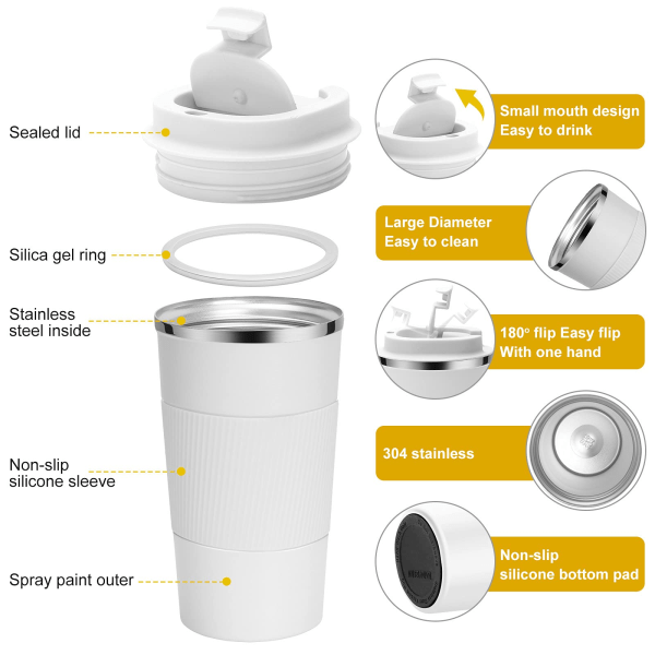 Resterande isolerade kaffekoppar i rostfritt stål med vakuumisolering för varma och kalla drycker (vit, 510 ml)