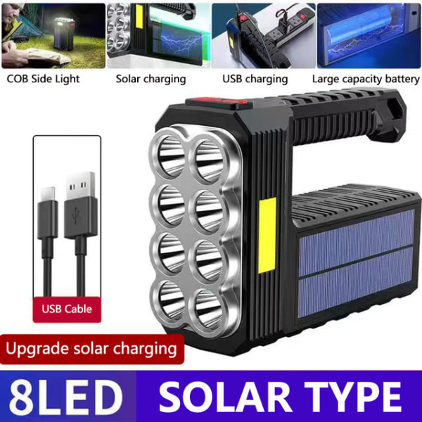 Power 8 LED Solar handhållen ficklampa - Superbright uppladdningsbar bärbar ficklampa - Kraftfull arbetsutrustning - starkt ljus