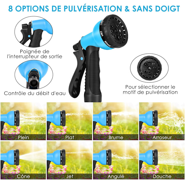 30 m Udvidelig haveslange, 30 m fleksibel slange med 8-funktions sprøjtepistol og 1/2\" og 3/4\" adaptere til havevanding, blå