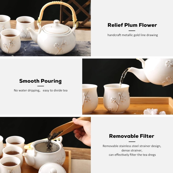 Hvit porselenste-sett med 1 tekannesett, 6 tekopper, 1 tebrett, 1 rustfri infuser, søtt asiatisk te-sett for teelsker/kvinner/menn (plomme i gull)