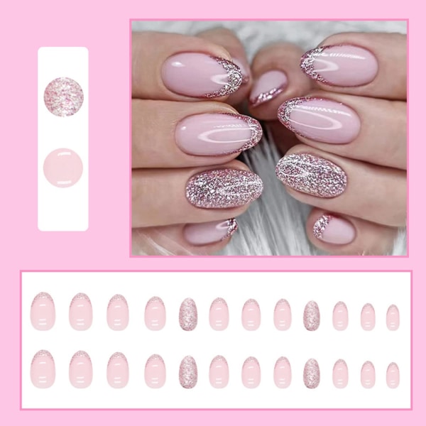 24st mandelpress på naglar Korta, franska spetsar falska naglar glänsande rosa glitter lösnaglar med klistermärken, ovala akryl cover lim på naglar