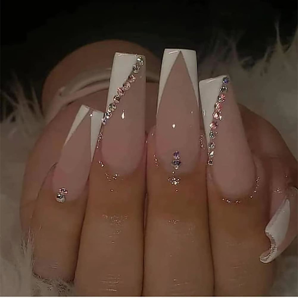 24 PCS Lange Kiste Falske Negl Glans Akryl Falske Negl Kunstige Krystall Trykk på Negl Ballerina Negl for Kvinner Jenter