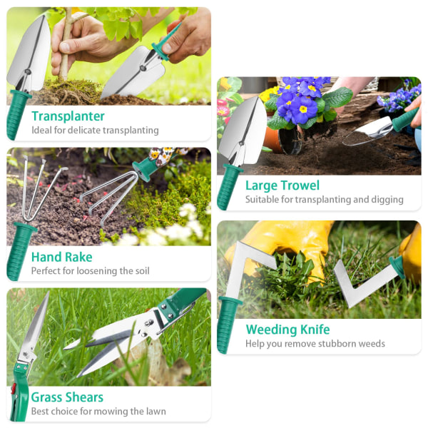 Rostfritt set med trädgårdsredskap (10 stycken grönt)