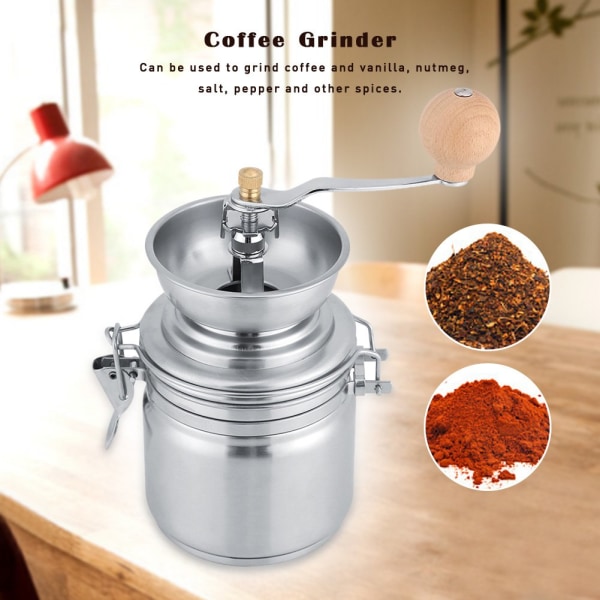 Manual Coffee Grinder, Stainless Steel + ceramic Sliver coffee Mill Spice Nuts Grinding Mill Hand Tool with ergonomic wooden handle(Silver)