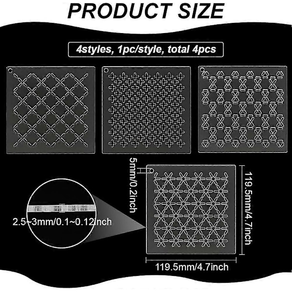 DIY 4 stk. Akryl Sashiko Skabelon Kryds Akryl Broderi Værktøj Tegnelinje Skabelon til Håndquiltning og Broderi 2,5 mm Tyk