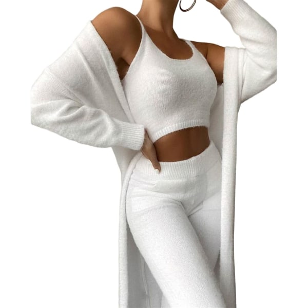 Dam sexig varm fuzzy fleece 3-delad outfit Pyjamas, mysigt stickad set 3-delad, öppen front huva kofta toppbyxor(XL)vita white XL