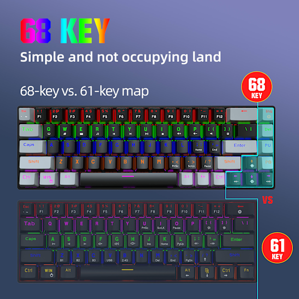 V800 Langallinen mekaaninen näppäimistö 68 näppäintä RGB-pelinäppäimistö irrotettavalla Type-C-kaapelilla ABS-näppäinhattu black