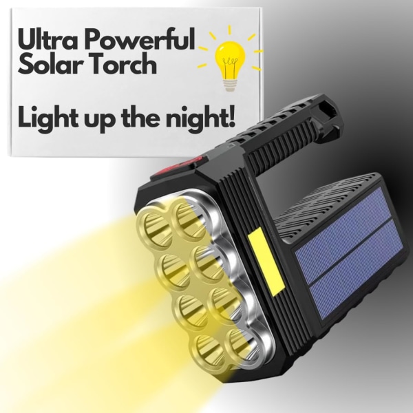 Power 8 LED Solar handhållen ficklampa - Superbright uppladdningsbar bärbar ficklampa - Kraftfull arbetsutrustning - starkt ljus