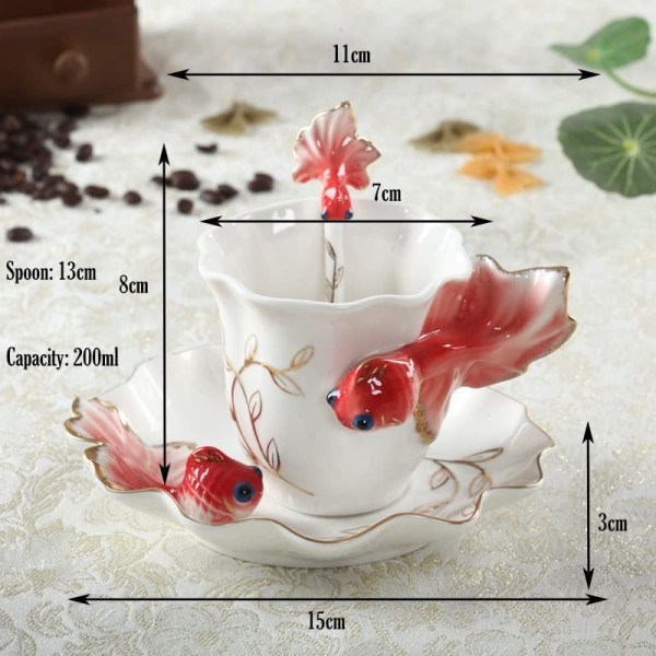 Keramisk tekopp, 3D guldfisk kaffemuggar set, mode handgjorda porslinsemalj guldfisk kaffekopp med fat och sked set porslin tekopp red