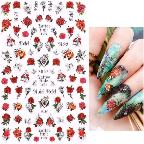9 ark Spring Red Rose Nail Art Stickers Dekaler Självhäftande Blå Vit Gul Rosa Blommor Blommönster Manikyrtips