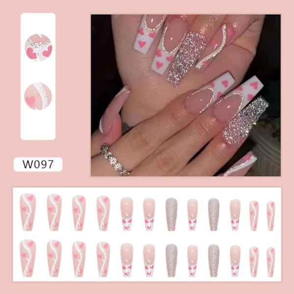 24 stk. falske negle med lim - Lange kiste Ballerina manicure fuld dækning tryk på negle - Seje falske negle til kvinder piger