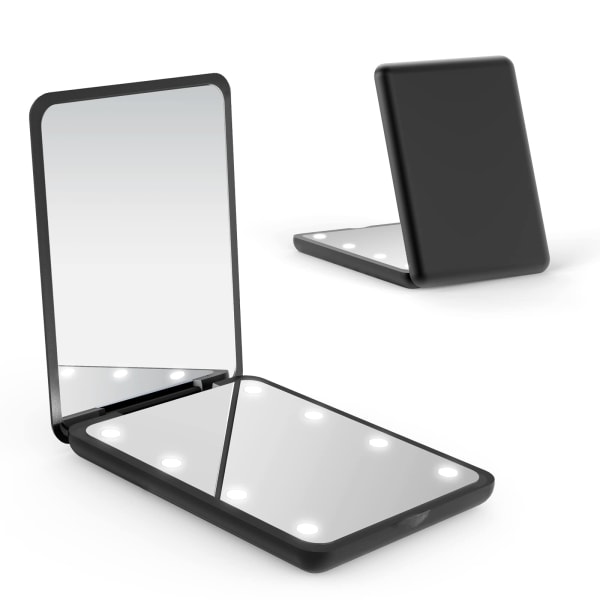Fickspegel, kompakt ledspegel, 1x/2x förstoringsspegel med ljus, 2-sidig handhållen magnetomkopplare Vik liten resesminkspegel (svart)