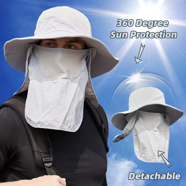 Fiskehat til mænd Udendørs solbeskyttelseshat Vandrebøttehat med aftagelig mesh-ansigtsdæksel Halsklap