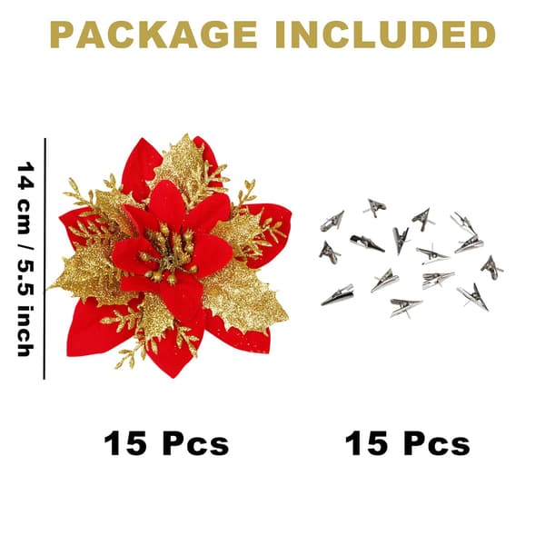 15 stk. Røde gull julestjerne kunstige blomster med klips red（B)