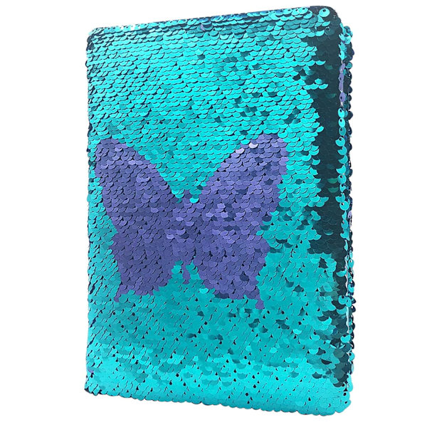 Reversibel Sequin-notatbok for jenter, A5-størrelse, lilla sommerfugl til blå jente-dagbok for skriving, tegning, for jenter og gutter
