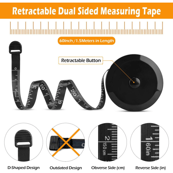 Rullamitta vartalolle | Kaksisuuntainen pehmeä mittanauha räätäleille | Vartalon mitat ompeluvaatteet Räätäli 60 tuumaa / 150 cm (MUSTA)