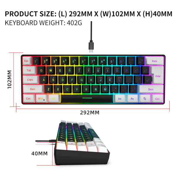 60% kablet spilltastatur, lite RGB-bakgrunnsbelyst membran spilltastatur, ultrakompakt mini vanntett tastatur for PC-datamaskinspillere pink