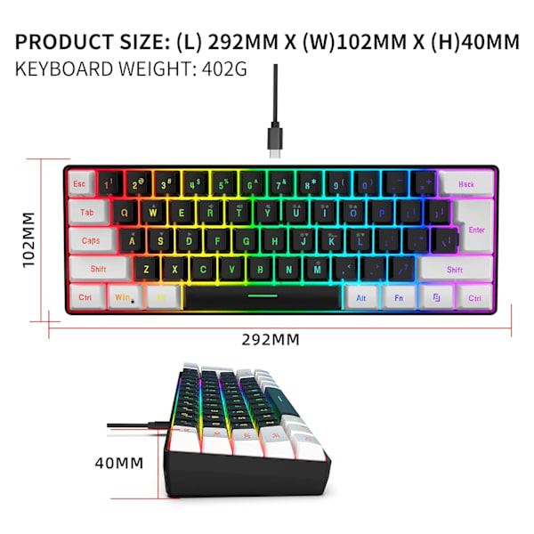 60% Langallinen Peliknäppäimistö, Pieni RGB-Taustavalaistu Kalvopeliknäppäimistö, Erittäin Kompakti Mini Vedenpitävä Näppäimistö PC-Tietokonepelaajalle black