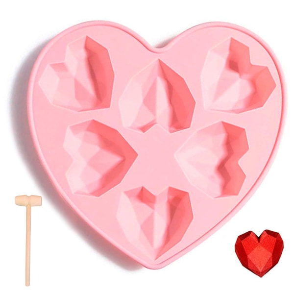 Hjärta mould, chokladformar silikon, minichokladformar, silikonkakformar för bakning, rosa, levereras med liten trähammare