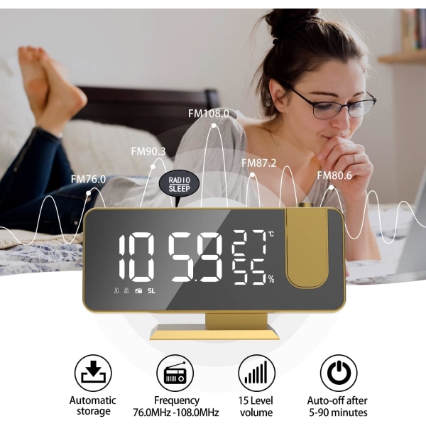 Vækkeurprojektor - Vintage Gold Clock RadioTemperatur Fugtighed Display Digitalt vækkeur USB-opladningsport 180° Roterbar projektionstid gold