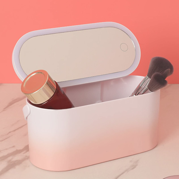 Bærbar LED Makeup Box, Kvinder Rejse Makeup Box Organizer Opbevaring med LED Spejl Rejse Toiletartikler (Pink Gradient)
