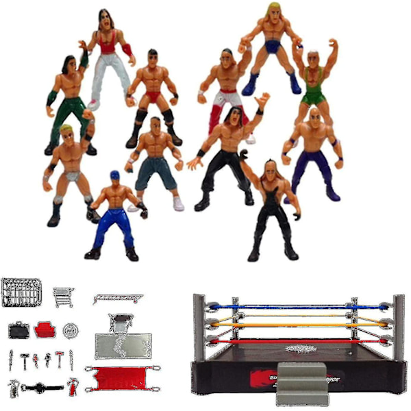 Mini Wrestling Figur Playset Wrestler Warriors Leksaker Med Fyrkantig Ring & Tillbehör Kul Miniatyr Fighting