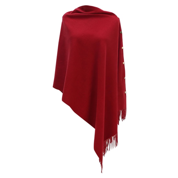 Dame Poncho Sjal med Knapper Frynser Cape Teppe Kasjmir Blanding Myk Varm Multifunksjonell for Vår Høst Vinter red 68X200cm