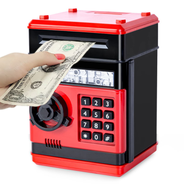 Elektronisk pengebank til børn, adgangskode pengesikker, rød