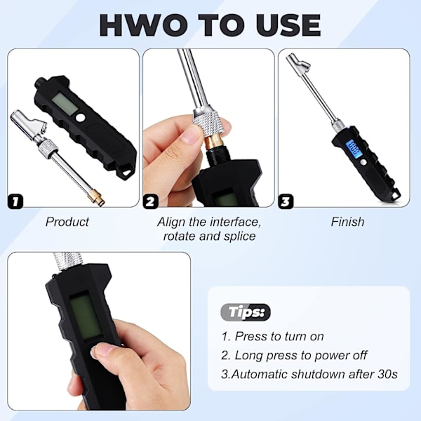 2 stk. Digitalt dæktryksmåler 250 PSI Heavy Duty Dual Head Rustfrit stål med LCD og lommelygte til bil, lastbil og RV biltilbehør