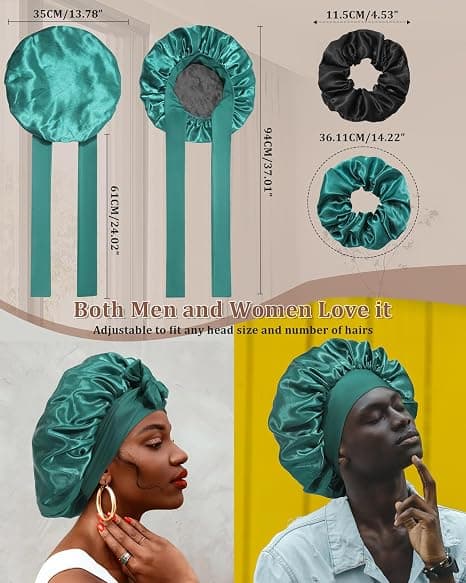 Satin Bonnet för Sömn Kvinnor Dubbellager Hårmössa med 2 st Hårsnoddar Elastiskt Band Nattmössa Dark Green+black