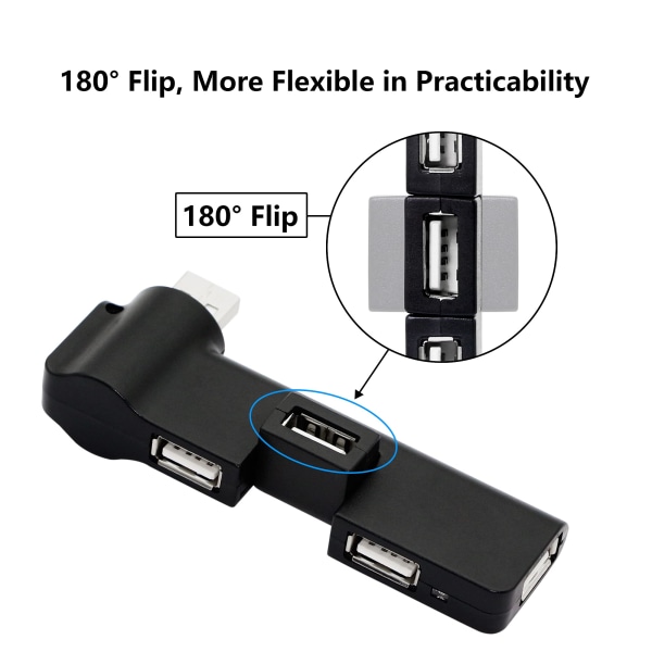 180 ° Rotation USB Extender Hub, 4 Port USB Hub Power Adapter til PC, Laptop, Tastatur, Mus, Harddiske og Andre USB 2.0 Adapter(Sort)