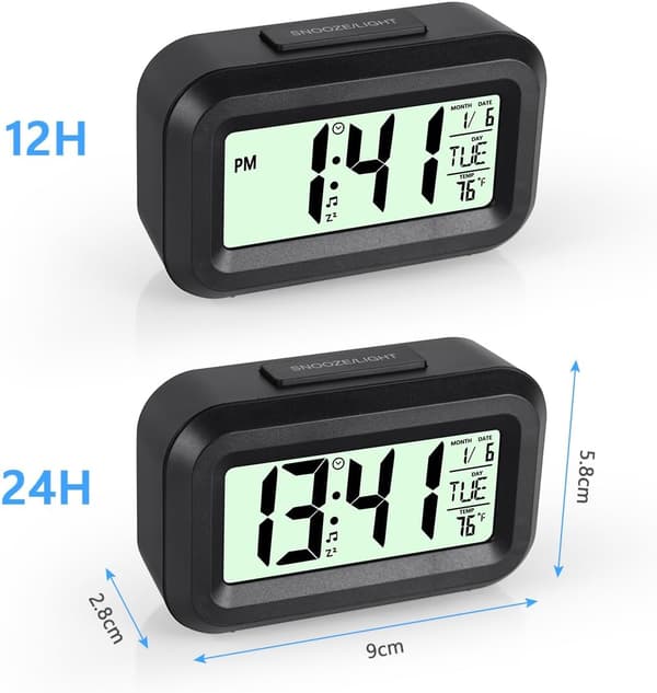 Digital vækkeur til natbordet, LED-display med justerbar slumrefunktion 12/24 timer, temperatur, dato, timer, lysstyring, bærbare vækkeure