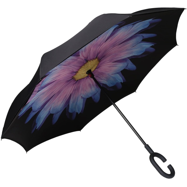 Dobbeltlags inverterte paraplyer Omvendt sammenleggbar paraply Selvstående vindtett UV-beskyttelse med C-formet håndtak - Purle Daisy