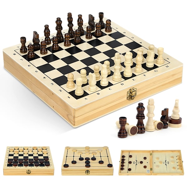30x30x2,5 cm Trä Schack och Damspel Set, Fällbart & Bärbart Schackbrädeset för Resor, Pedagogiskt Schackbrädespel Set för Barn och Vuxna
