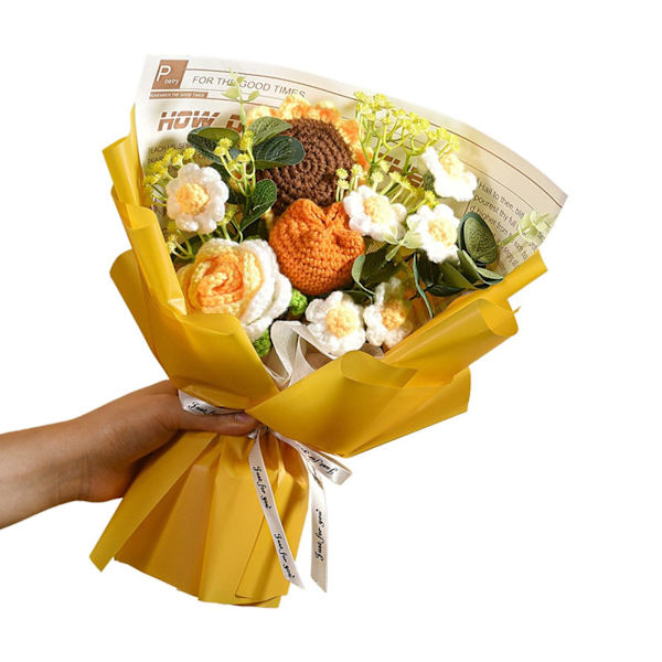Handgjord stickad bukett virkad bukett konstgjorda blommor stickad solros ros prästkrage färdig produkt evig välsignelse, gul