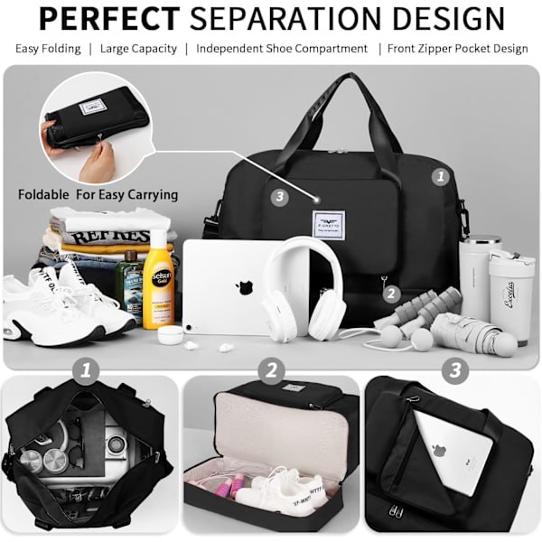 Sammenleggbar Weekend Bag Overnatting Sykehus Bag med Skokompartiment & Våt Lomme, Vannbestandig Gym Duffel Bag for Reise Holdall for Kvinner Menn black