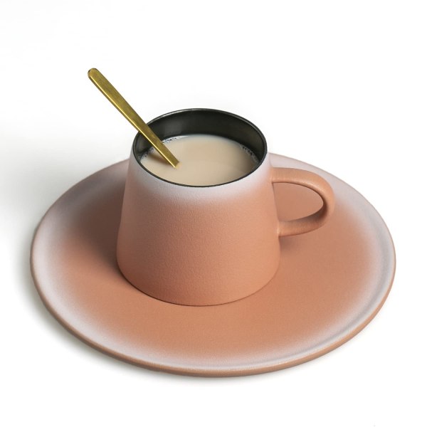 Kaffekop sæt med matchende underkop og gylden ske, kaffekrus til daglig og kontor 7oz (Pink)