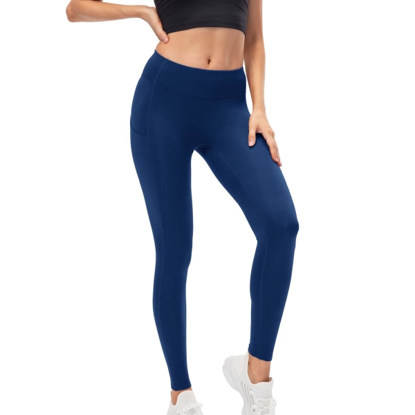 Fleeceforede termiske leggings til kvinder Bløde elastiske vintervarme gymleggings til kvinder Højtaljede mavekontrol yogabukser med lommer, XXL navy blue XXL