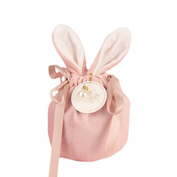 Påskgodispåsar, 5 st choklad smyckesorganisatör sammetspåsar med tecknade kaninöron fest presentförpackningspåsar för bageri fest (rosa)