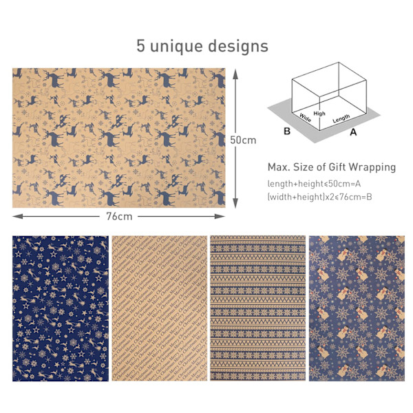Joululahjapaperiarkit, kierrätettyä kraftpaperia - 5 laivastonsinistä jouluteemaista mallia - 10 arkkia - 70 x 50 cm per arkki