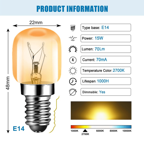 15W E14 Glødelampe 2700K 70LM Liten Skruehette Pygmélyspærer for Ovn, Kjøleskap, Mikrobølgeovn, Saltlampe, opptil 300 Grader, 4-pakning