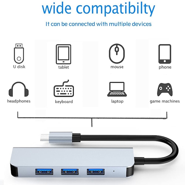 USB C Hub USB 3.0 Slim Aluminiumskal Typ C till 4-Port USB 3.0 Adapter, Hög Hastighet USB Splitter, Kompatibel med MacBook Air, Flash Drive, Mobil HDD