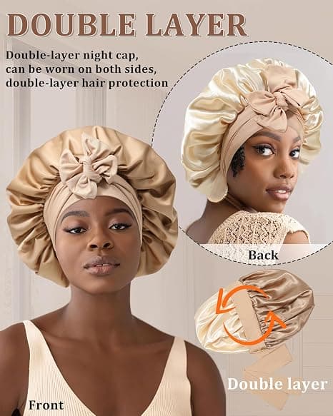 Satin Bonnet för Sömn Kvinnor Dubbellager Hårmössa med 2 st Hårsnoddar Elastiskt Band Nattmössa Coffee + Champagne
