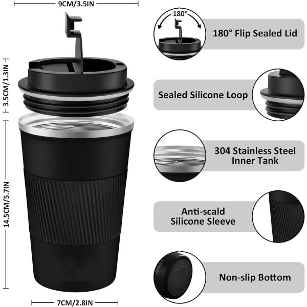 Reisekrus, isolert kaffekopp med lekkasjesikkert lokk - Gjenbrukbare kaffekopper Reise - Bilkaffekopp - Kaffekrus i rustfritt stål for varmt og kaldt black
