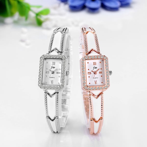 Elegant analog kvartsur för kvinnor, rektangulär klocka med romerska siffror och strass, armband i metall, roséguld/silver