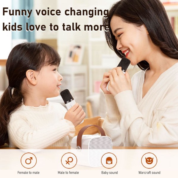 Mini karaoke maskinsett, bærbar stereo Bluetooth-høyttaler med 2 trådløse mikrofoner for barn, voksne, opptil 512G lagring, håndholdt mikrofon (hvit)